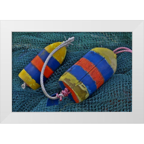 Oregon, Garibaldi Blue fishing nets with buoys White Modern Wood Framed Art Print by Carter, Jean