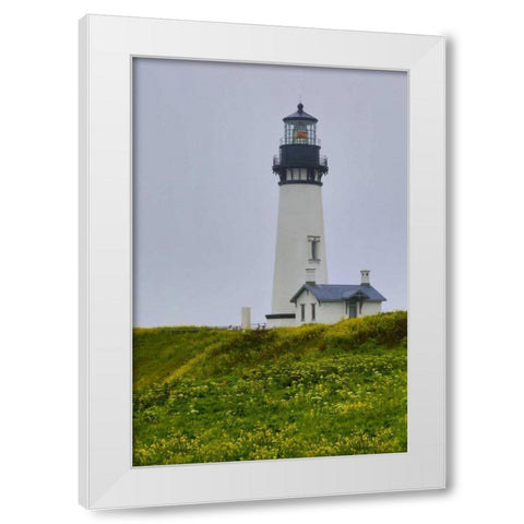 USA, Oregon Yaquina Head Lighthouse on foggy day White Modern Wood Framed Art Print by Carter, Jean