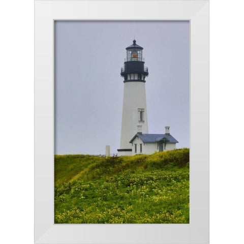 USA, Oregon Yaquina Head Lighthouse on foggy day White Modern Wood Framed Art Print by Carter, Jean