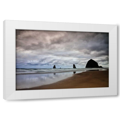 Oregon, Cannon Beach Haystack Rock at low tide White Modern Wood Framed Art Print by Carter, Jean