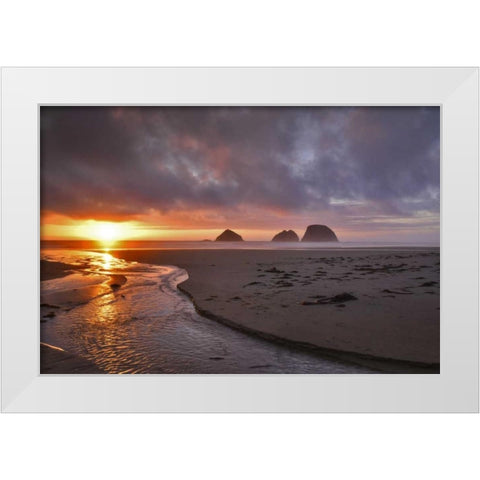 Oregon, Oceanside Sunset on Three Arch Rocks White Modern Wood Framed Art Print by Terrill, Steve