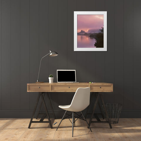 OR, Columbia Gorge NSA Fog along Columbia River White Modern Wood Framed Art Print by Terrill, Steve