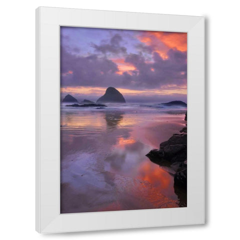 Oregon, Oceanside Sunset on beach and sea stacks White Modern Wood Framed Art Print by Terrill, Steve
