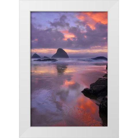 Oregon, Oceanside Sunset on beach and sea stacks White Modern Wood Framed Art Print by Terrill, Steve