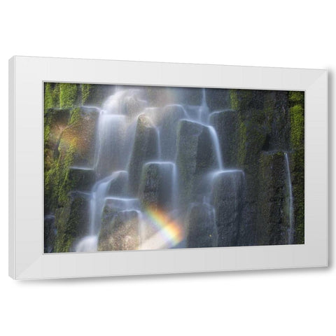 OR, Proxy Falls Waterfall rainbow over columns White Modern Wood Framed Art Print by Delisle, Gilles