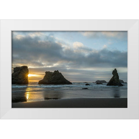 Oregon-Bandon Beach Wizards Hat and other formations at sunset  White Modern Wood Framed Art Print by Jaynes Gallery