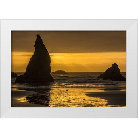 Oregon-Bandon Beach Wizards Hat formation at sunset  White Modern Wood Framed Art Print by Jaynes Gallery