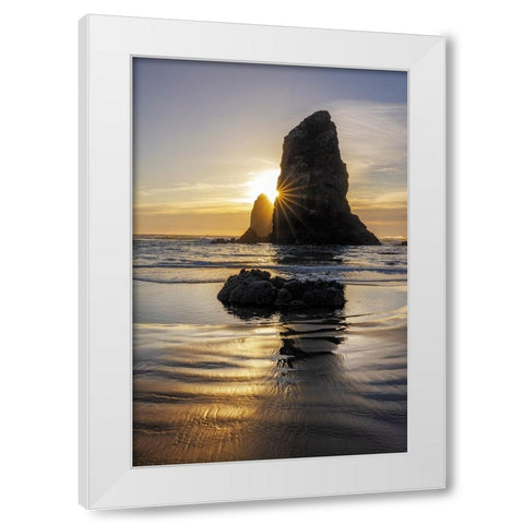 Haystack Rock Pinnacles at low tide in Cannon Beach-Oregon-USA White Modern Wood Framed Art Print by Haney, Chuck
