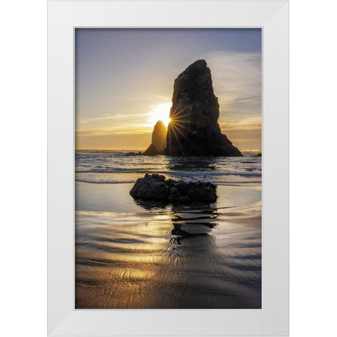 Haystack Rock Pinnacles at low tide in Cannon Beach-Oregon-USA White Modern Wood Framed Art Print by Haney, Chuck