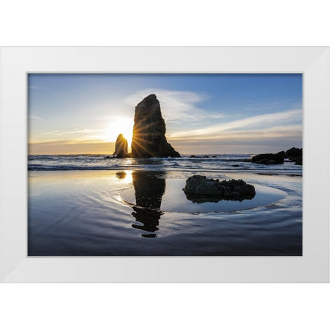 Haystack Rock Pinnacles at low tide in Cannon Beach-Oregon-USA White Modern Wood Framed Art Print by Haney, Chuck