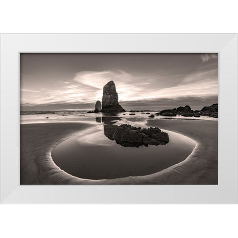 Haystack Rock Pinnacles at low tide in Cannon Beach-Oregon-USA White Modern Wood Framed Art Print by Haney, Chuck