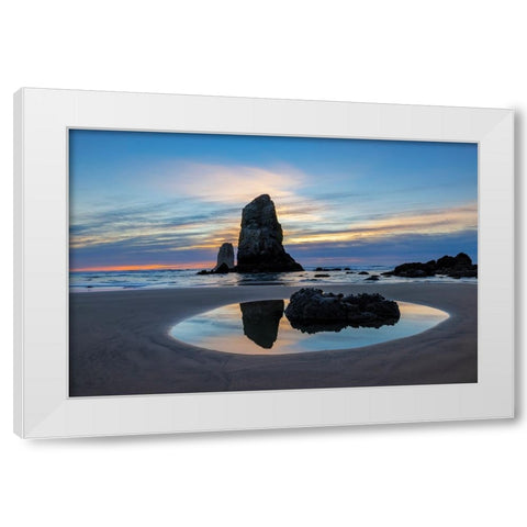 Haystack Rock Pinnacles at low tide in Cannon Beach-Oregon-USA White Modern Wood Framed Art Print by Haney, Chuck