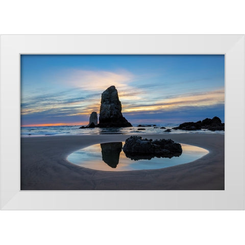 Haystack Rock Pinnacles at low tide in Cannon Beach-Oregon-USA White Modern Wood Framed Art Print by Haney, Chuck