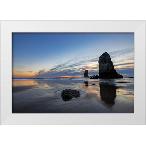 Haystack Rock Pinnacles at low tide in Cannon Beach-Oregon-USA White Modern Wood Framed Art Print by Haney, Chuck