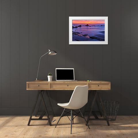 USA- Oregon. Seal Rock State Recreation Site sunset at low tide White Modern Wood Framed Art Print by Gulin, Darrell
