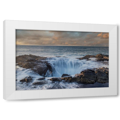 USA- Oregon- Cape Perpetua and Thors Well at sunset. White Modern Wood Framed Art Print by Gulin, Darrell