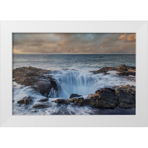 USA- Oregon- Cape Perpetua and Thors Well at sunset. White Modern Wood Framed Art Print by Gulin, Darrell