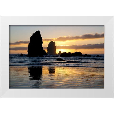 USA- Oregon. Cannon Beach and Haystack Rock at sunset White Modern Wood Framed Art Print by Gulin, Darrell