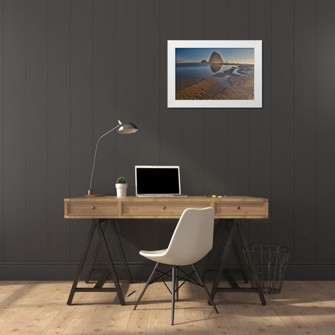 USA- Oregon. Cannon Beach with Haystack near sunset and low tide. White Modern Wood Framed Art Print by Gulin, Darrell