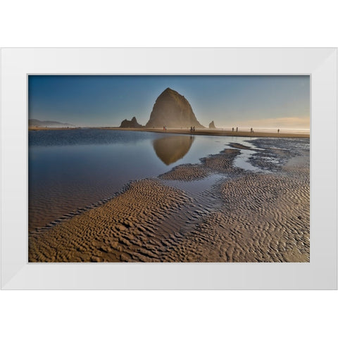 USA- Oregon. Cannon Beach with Haystack near sunset and low tide. White Modern Wood Framed Art Print by Gulin, Darrell