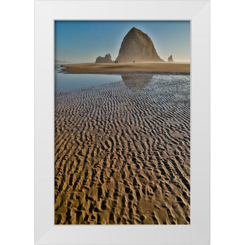 USA- Oregon. Cannon Beach with Haystack near sunset and low tide. White Modern Wood Framed Art Print by Gulin, Darrell