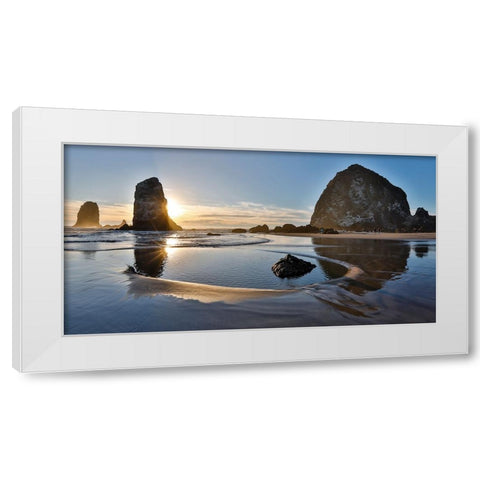USA- Oregon. Cannon Beach with Haystack near sunset and low tide. White Modern Wood Framed Art Print by Gulin, Darrell