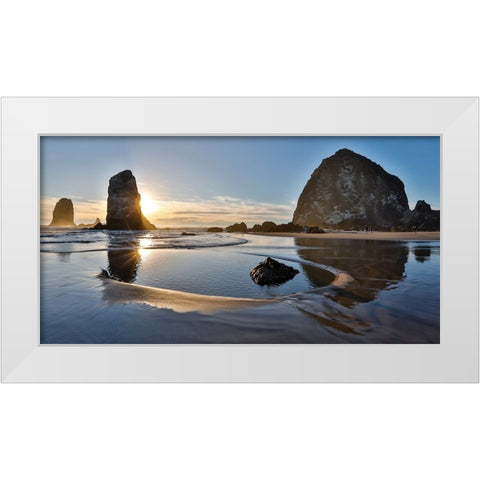 USA- Oregon. Cannon Beach with Haystack near sunset and low tide. White Modern Wood Framed Art Print by Gulin, Darrell