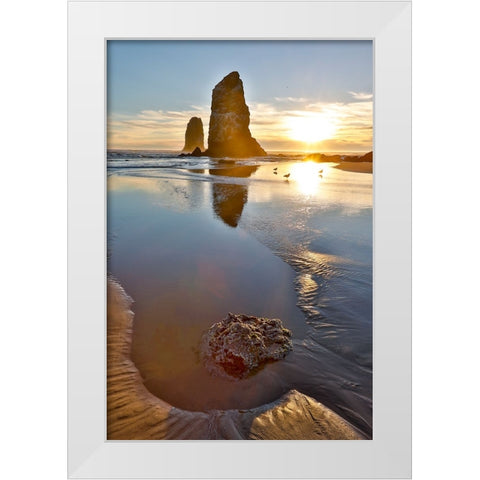 USA- Oregon. Cannon Beach low tide and ripples in the sand and sea stacks at sunset. White Modern Wood Framed Art Print by Gulin, Darrell