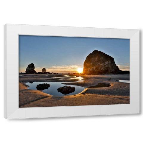 USA- Oregon. Cannon Beach with Haystack near sunset and low tide. White Modern Wood Framed Art Print by Gulin, Darrell