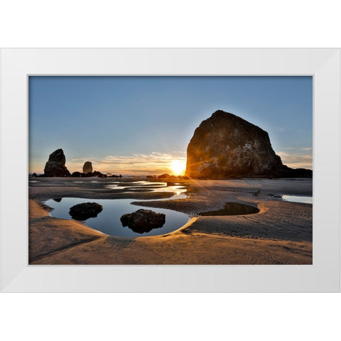 USA- Oregon. Cannon Beach with Haystack near sunset and low tide. White Modern Wood Framed Art Print by Gulin, Darrell