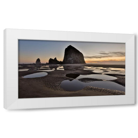 USA- Oregon. Cannon Beach with Haystack near sunset and low tide. White Modern Wood Framed Art Print by Gulin, Darrell