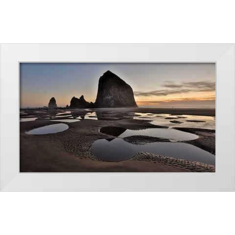 USA- Oregon. Cannon Beach with Haystack near sunset and low tide. White Modern Wood Framed Art Print by Gulin, Darrell