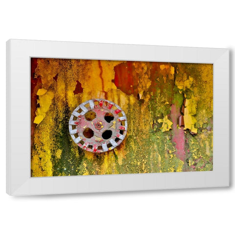 USA- Oregon- Tillamook. Old fire truck with gauges and valves with colorful pealing paint White Modern Wood Framed Art Print by Gulin, Darrell