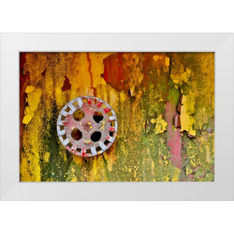 USA- Oregon- Tillamook. Old fire truck with gauges and valves with colorful pealing paint White Modern Wood Framed Art Print by Gulin, Darrell