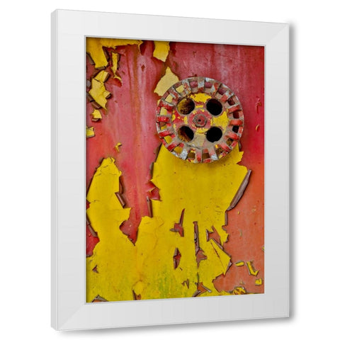 USA- Oregon- Tillamook. Old fire truck with gauges and valves with colorful pealing paint White Modern Wood Framed Art Print by Gulin, Darrell