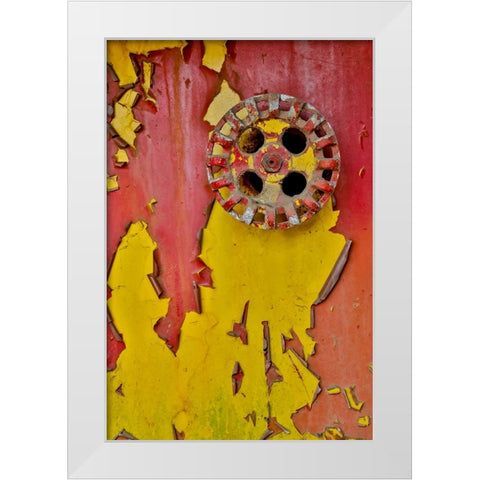 USA- Oregon- Tillamook. Old fire truck with gauges and valves with colorful pealing paint White Modern Wood Framed Art Print by Gulin, Darrell