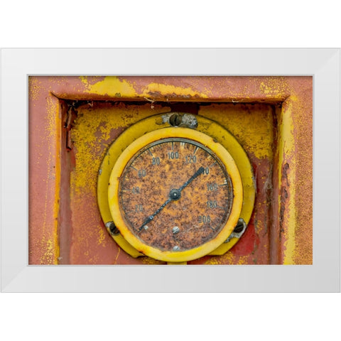 USA- Oregon- Tillamook. Old fire truck with gauges and valves with colorful pealing paint White Modern Wood Framed Art Print by Gulin, Darrell