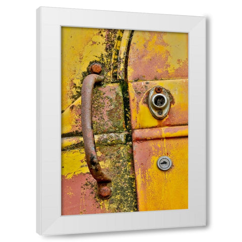 USA- Oregon- Tillamook. Close-up of old and rusted truck door handle White Modern Wood Framed Art Print by Gulin, Darrell