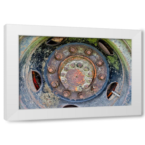 USA- Oregon- Tillamook. Close-up of old and rusted painted truck wheels White Modern Wood Framed Art Print by Gulin, Darrell