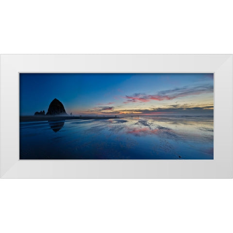 USA- Oregon. Cannon Beach and panorama of Haystack at sunset and low tide. White Modern Wood Framed Art Print by Gulin, Darrell