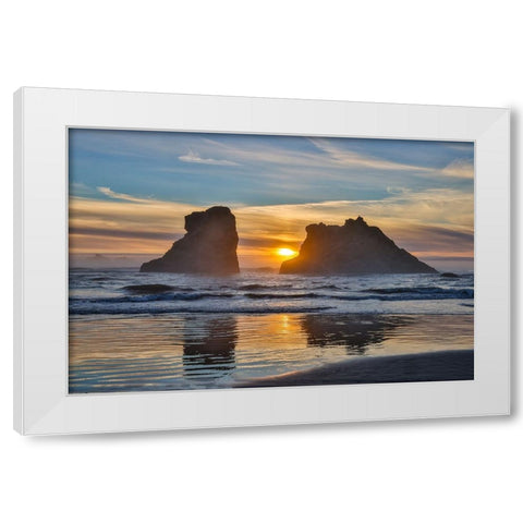 Usa-Oregon-Bandon Bandon Beach-Sunset at the Beach White Modern Wood Framed Art Print by Looney, Hollice