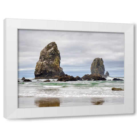 Oregon-Cannon Beach Needle Seastack-stormy sky White Modern Wood Framed Art Print by Wild, Jamie and Judy