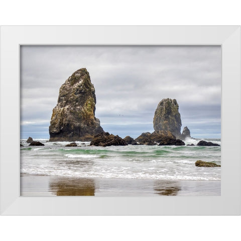 Oregon-Cannon Beach Needle Seastack-stormy sky White Modern Wood Framed Art Print by Wild, Jamie and Judy