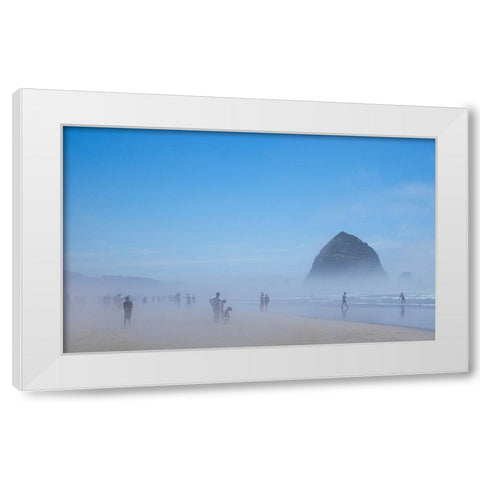 Oregon-Cannon Beach Haystack Rock-beachgoers in fog White Modern Wood Framed Art Print by Wild, Jamie and Judy