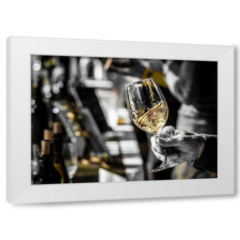 Oregon-Portland White wine swirl in glass at Portland wine tasting event White Modern Wood Framed Art Print by Duval, Richard