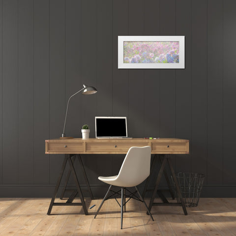 Oregon-Canby-Swam Island Dahlias-water coming down on flowers White Modern Wood Framed Art Print by Gulin, Sylvia
