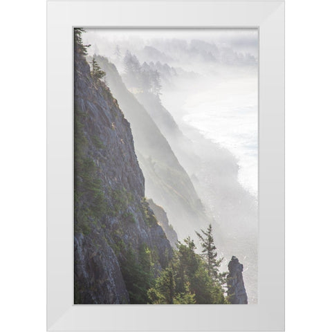 Oregon-Oswald West State Park and cliff bluffs looking towards Manzanita with lifting fog White Modern Wood Framed Art Print by Gulin, Sylvia