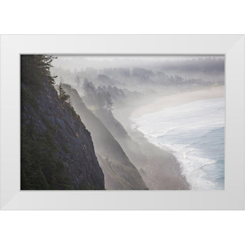 Oregon-Oswald West State Park and cliff bluffs looking towards Manzanita with lifting fog White Modern Wood Framed Art Print by Gulin, Sylvia