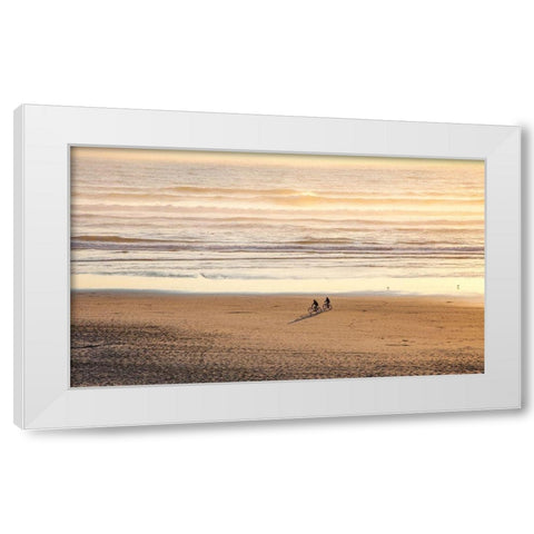 Oregon-Cape Arch with two riding bikes on the beach in the evening light White Modern Wood Framed Art Print by Gulin, Sylvia