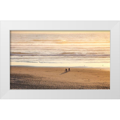 Oregon-Cape Arch with two riding bikes on the beach in the evening light White Modern Wood Framed Art Print by Gulin, Sylvia